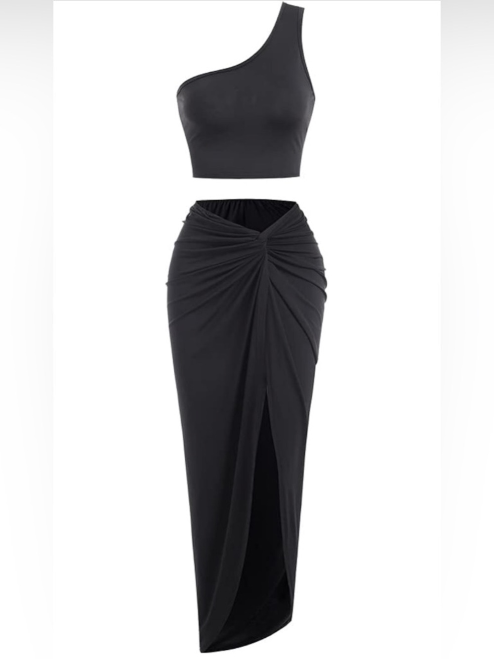 One-Shoulder Crop Top & Ruched Beige Maxi Skirt Set